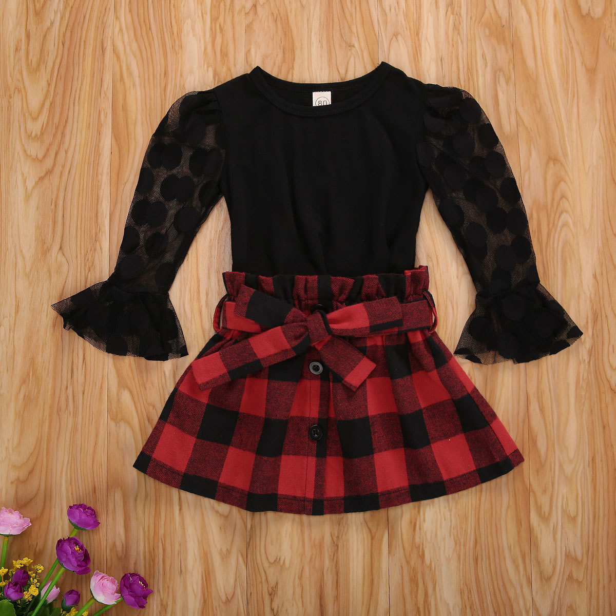 1-6Y Toddler Kid Girls Clothes Set Christmas Clothing Xmas Outfits Lace Long Sleeve Top Plaid Bow Skirts Autumn 210515