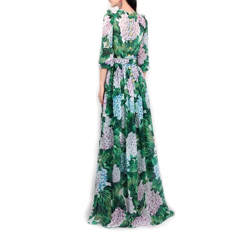 Spring Runway Maxi Dress Women's Long Sleeve Casual Bohemian Party Holiday Green Leaves Floral Printed 210421