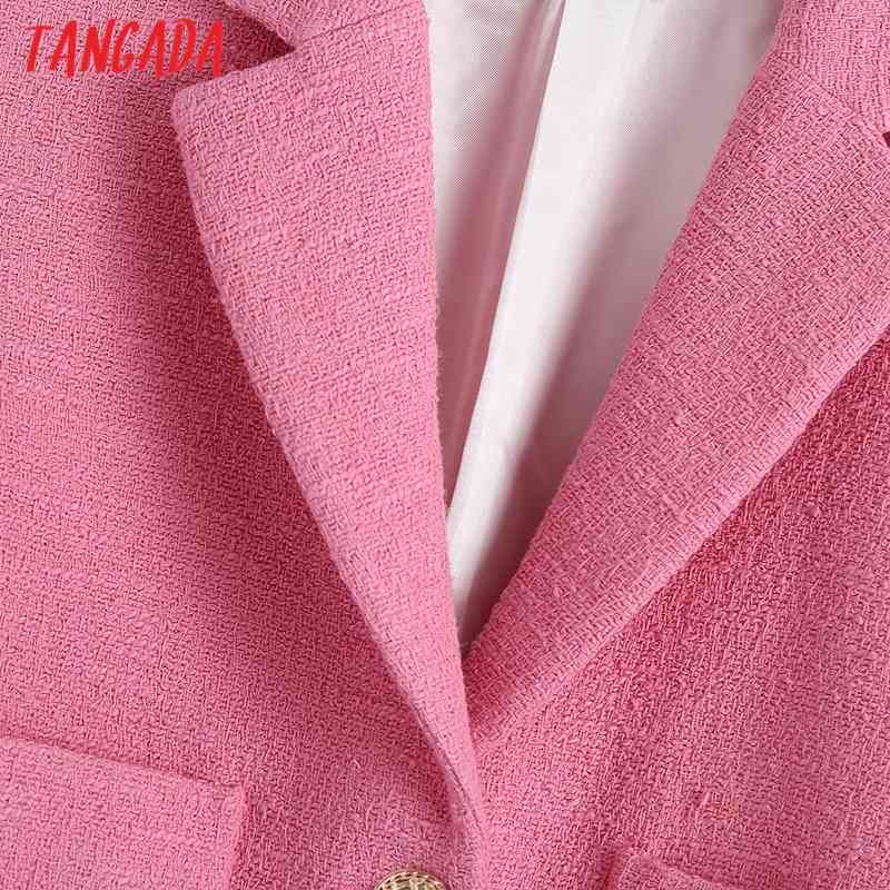 Women Pink Tweed Blazers Coat Vintage Notched Collar Short Sleeve Fashion Female Outerwear Chic Tops BE519 210416