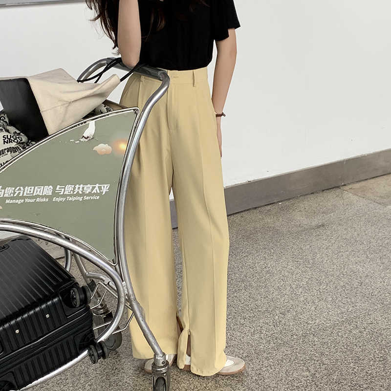 Qooth Womens Summer Straight Loose Split Pants Solid Drape Thin Causal Trousers Polyester High Waist with Pocket QT751 210609