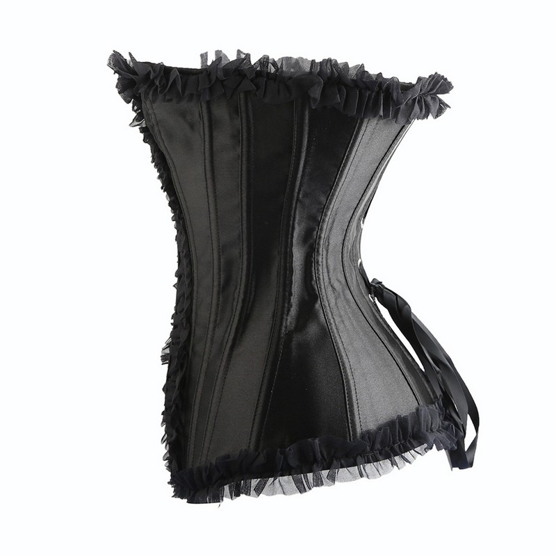 Women Lace Ruffle Trim Fashion Overbust Corset 2022 Appliques Lacy Front Silky Alike Red Bridal Corselet Lingerie Black S-3XL Gothic Party Dancing Top
