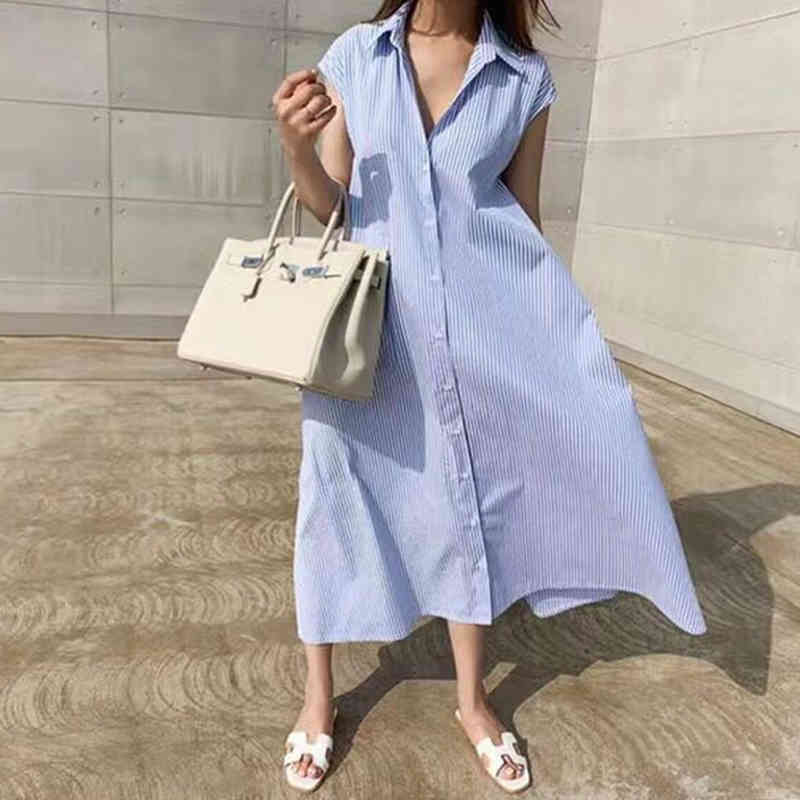 Summer Casual Plus Size Party Dress Sleeveless Women Dresses Loose High Waist Office Long Striped Robe Femme 10389 210518