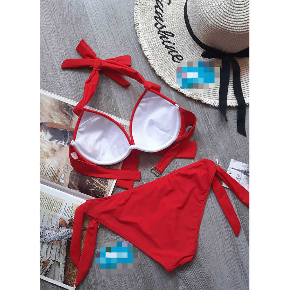 Swimwear Women Halter Bikini Summer Sexy Red Black Solid Swimsuit Push Up Padded Underwire Swim Suits Bandage Bathing 210625