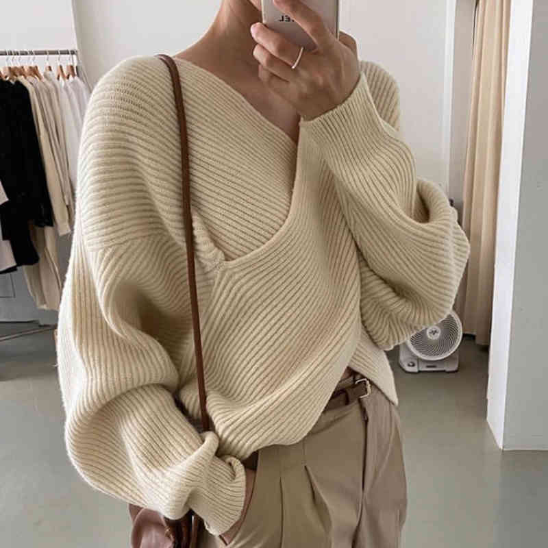 Autumn Winter Solid Casual Women Knitted Sweater Lady V-neck Criss-cross Pollovers Female Korean Chic Long Sleeve Jumper 210519
