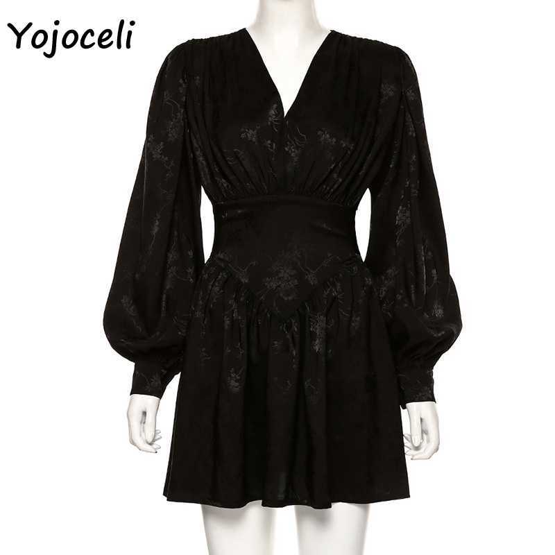 Yojoceli black jacquard v neck dres lantern sleeve skater mini 210609