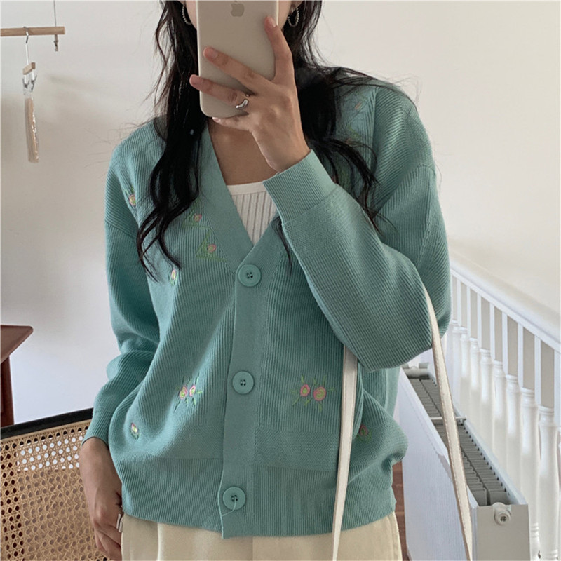 OL Single-breasted Tops Floral Embroidery Sweater Women Spring Autumn Elegant V-neck Knitted Cardigan Sweaters 210421