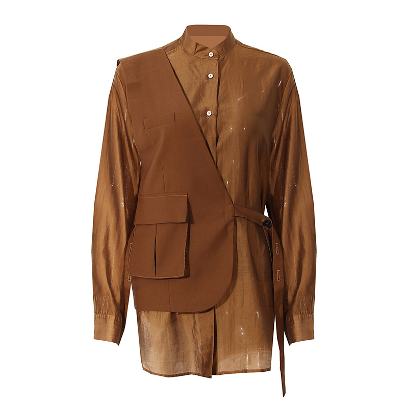 TWOTWINSTYLE Solid Two Piece Set For Women Lapel Long Sleeve Shirt Asymmetrical Lace Up Vest Casual Sets Female Fashion 210517