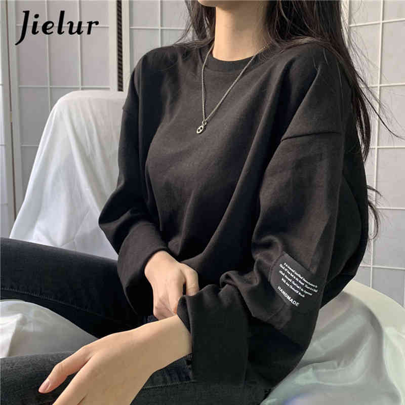 Jielur Korean Style Fashion Long Sleeve T-shirt Women Harajuku BF T-shirts Spring Loose Couple Tees White Top Hipster Clothing 210406