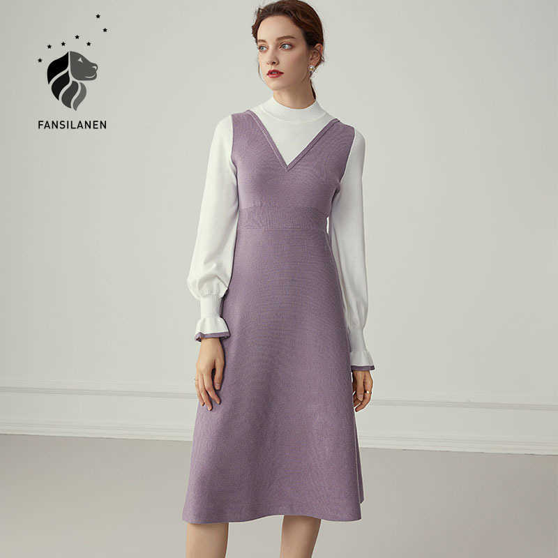FANSILANEN Fake two piece set vintage knitted sweater dress Women flare sleeve black midi Autumn winter slim office 210607
FANSILANEN Fake two piece set vintage knitted sweater dress Women flare sleeve black midi Autumn winter slim office 210607