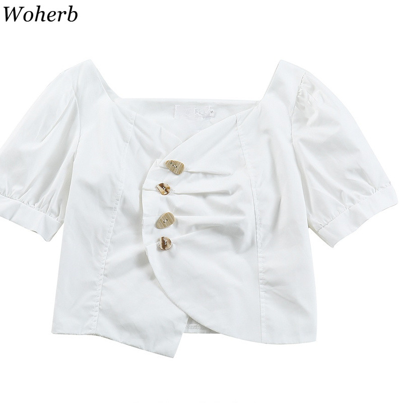 Shirts Women Irregular Square Collar Buttons Blouses Puff Short Sleeve Crop Tops Korean Chic Elegant White Blusas Mujer 210519