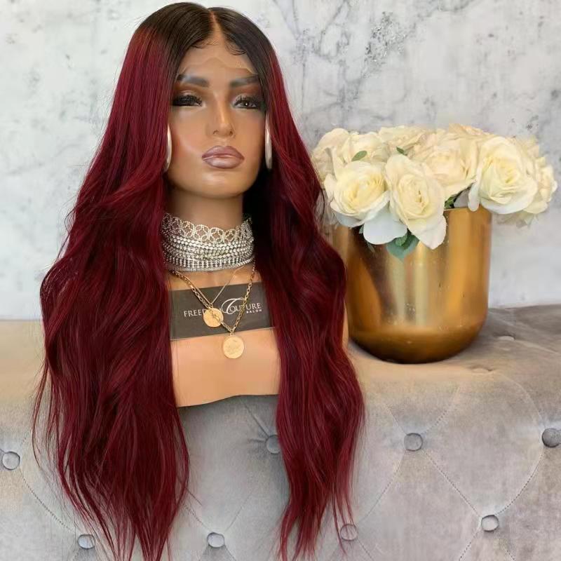 360 Lace Frontal Long Body Wave Wigs Black Ombre Burgundy Red Brazilian Hair Synthetic Front Wig For Women