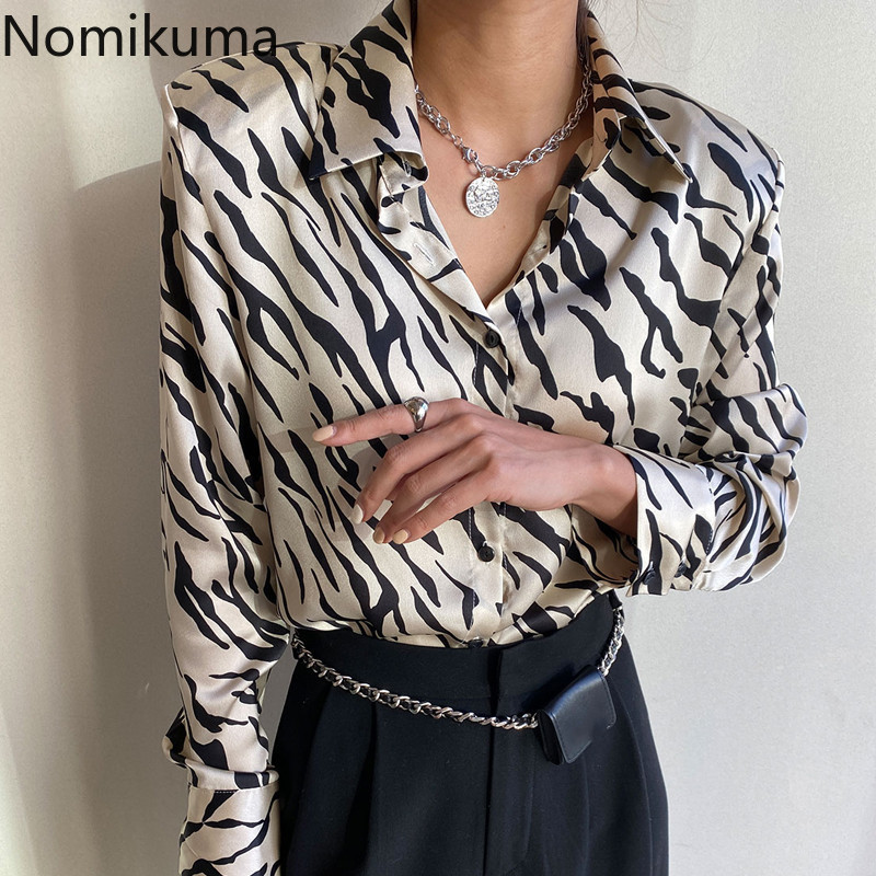 Nomikuma Korean Zebra Stripe Women Blouse Long Sleeve Turn-down Collar Elegant Shirt Spring Causal Blusas Femme New 6F428 210427