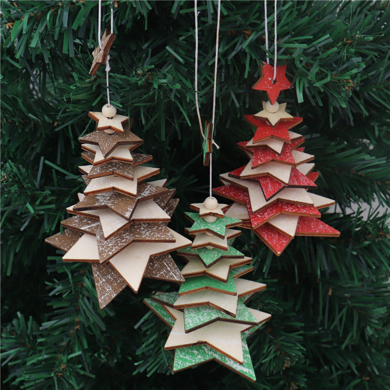 Pendant Five-pointed Star Snowflake String Xmas Ornament Red Green Wooden Christmas Tree Decoration GGE1699 Free shipping