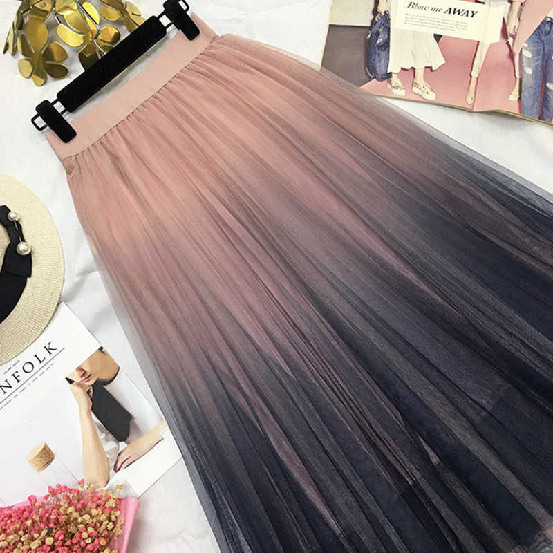 TIGENA Beautiful Gradient Color Long Tulle Skirts Women Korean A-line High Waist Pleated Maxi Female School Girls 210619