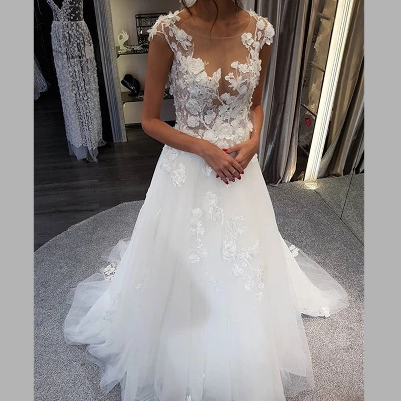Floral White Tulle Dress with 3D Flowers See Through Elegant Wedding Dresses Lace Appliques Bridal Gowns Voiles De Mariage 328 Es Es