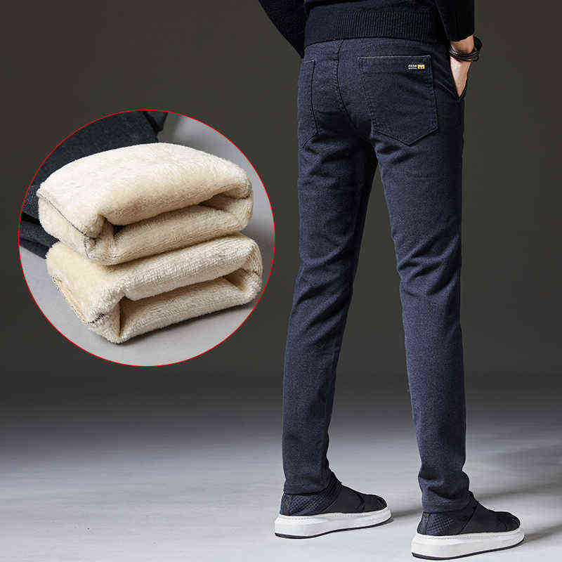 Pants Men Winter Fleece Casual Pants Men's Business Fashion Stretch Warm Velvet Black Gray Blue Trousers Big Size 28-38 211112
