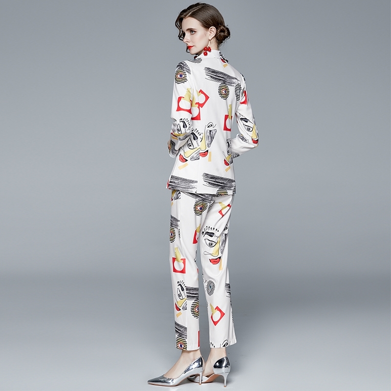 Women Suits office sets Long Sleeve Cartoon Geometric Print One Button Turn-down Collar Blazer + Pencil pant suits for women 210506