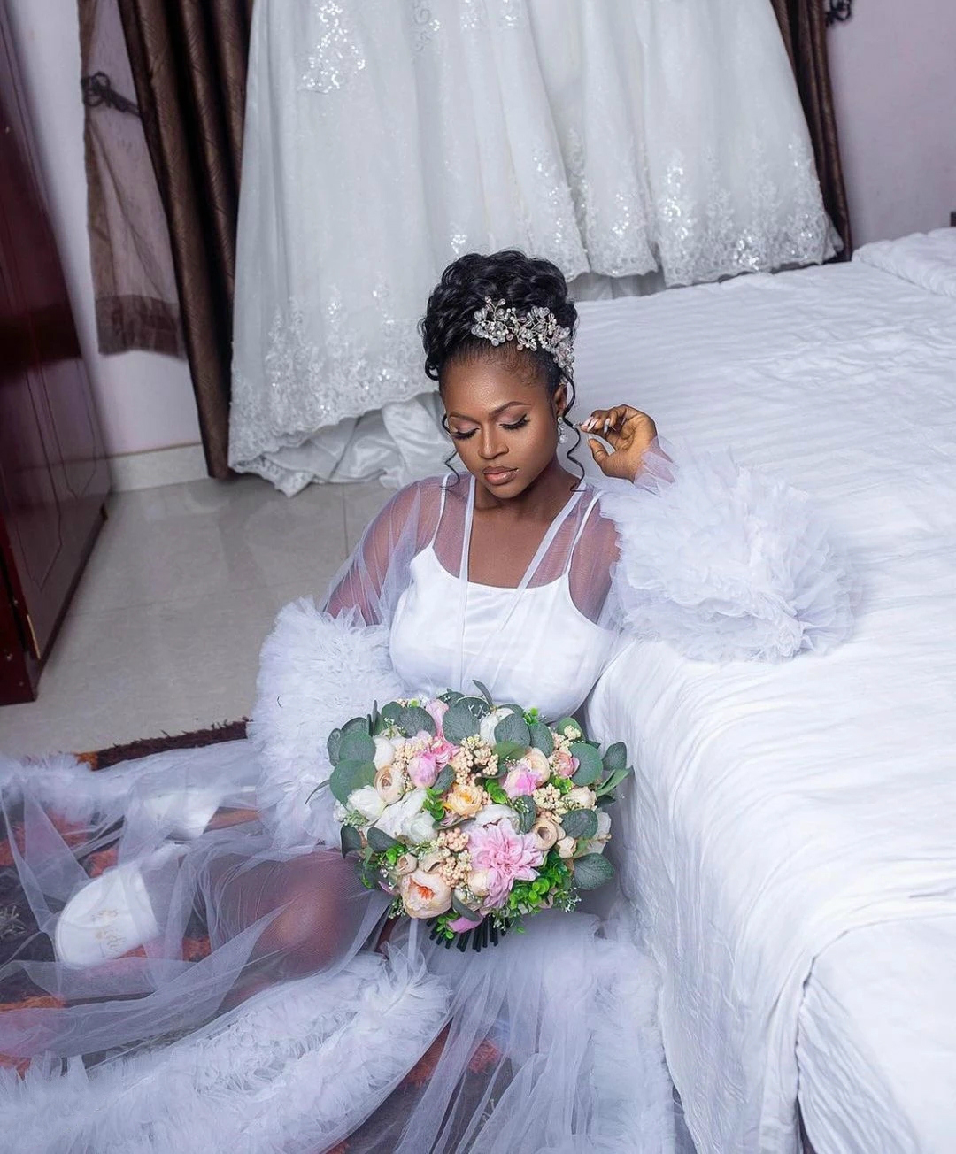 Ruffles Tulle Photo Shoot Sleepwear Outfits White See Through Maternity Robe Prom Gowns Photography Costume Wear Bathrobe