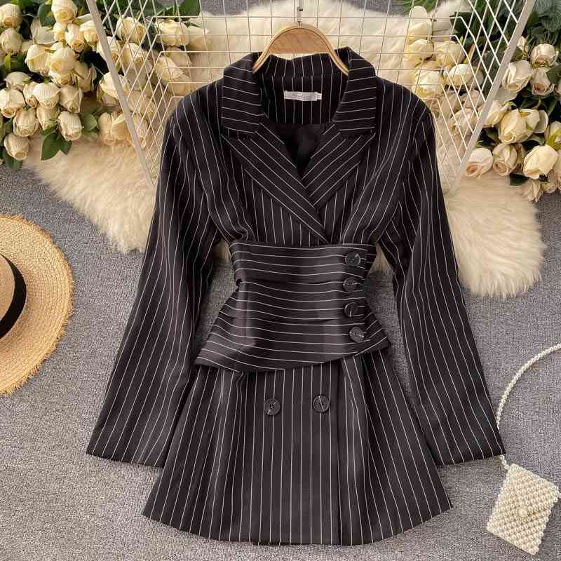 [EWQ] Sweet Long Sleeve Women Trend Coat Feminino Loose Notched Neck Office Lady Black Striped Blazer Spring 16W74601 210423