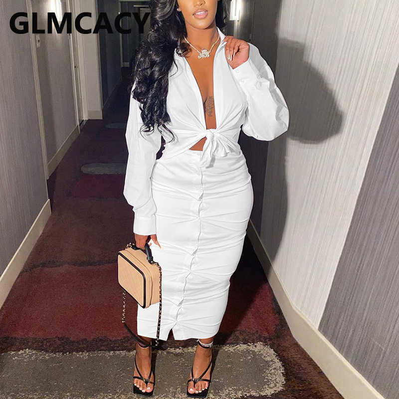 Two Piece Casual Dress Suits Long Sleeve Tie Front Shirt & Button Down Maxi Skirt Set 210702
