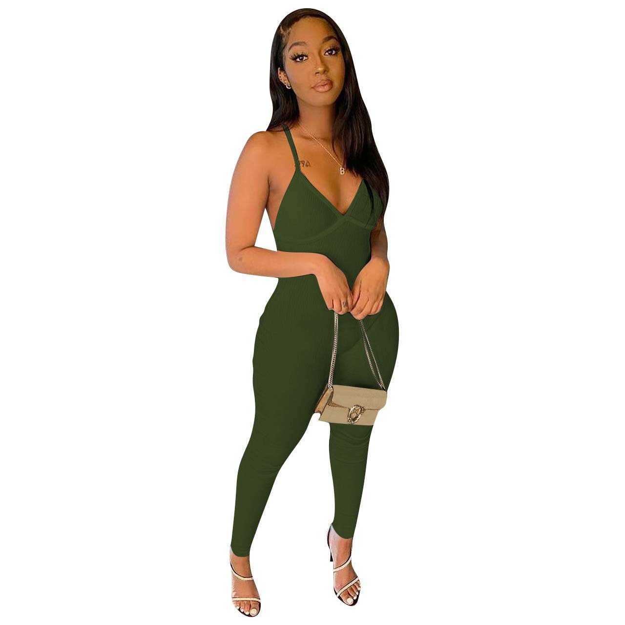 Women Designers Clothes 2023 women's spring and summer new rib suspender backless Jumpsuit v-neck blue