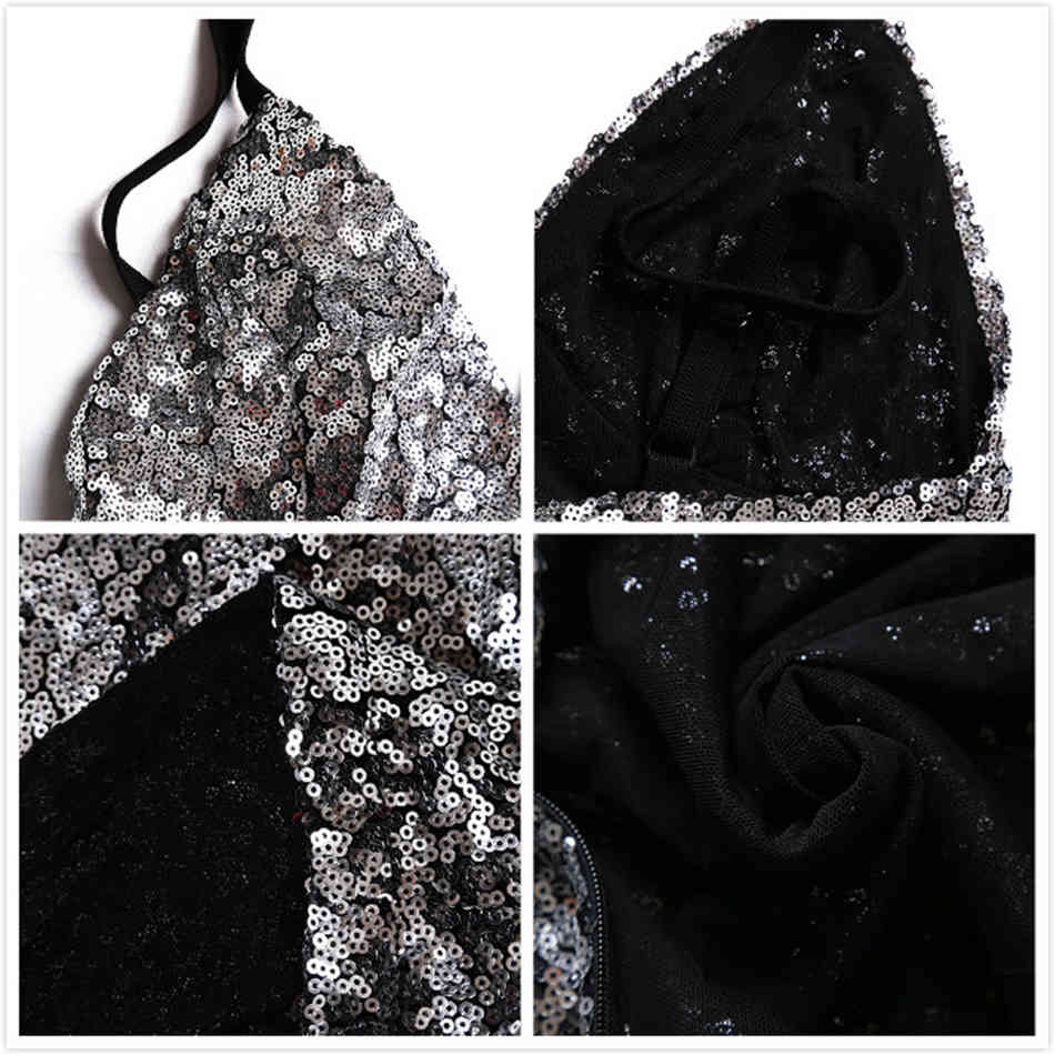 Free Shiny Sequins Knee-length Dress Women Sexy Halter Sleeveless Bodycon Club Evening Party Vestido 210524