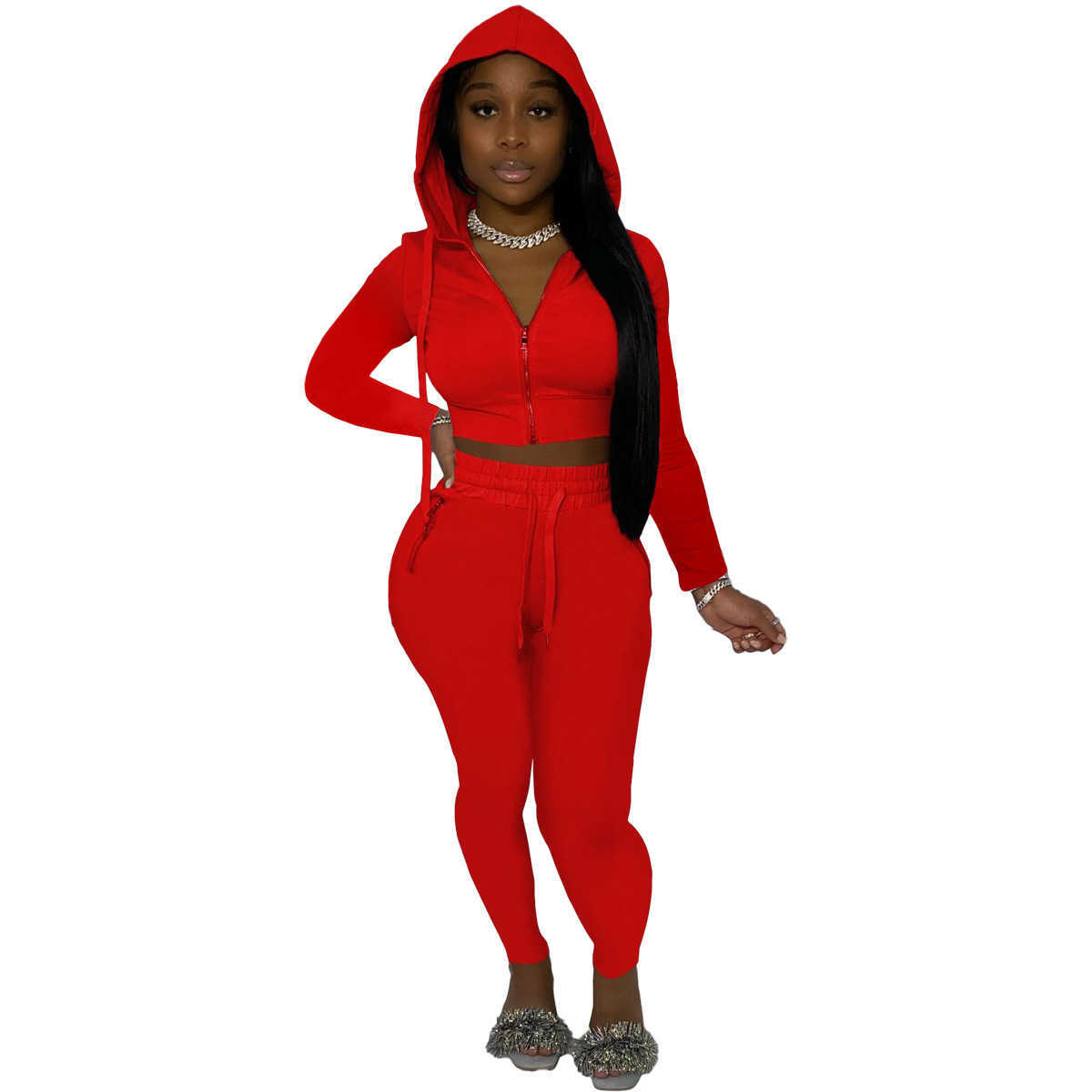 Women's Two Piece Sets Designers Women pants Clothes 2023 fall new solid color hooded zipper casual two-piece pant set
