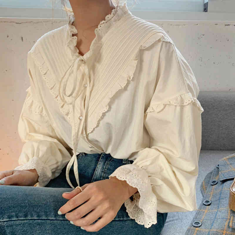 Loose Clothing Cotton Vintage Elegant Tops Women Shirt Korean Style Solid Long Lantern Sleeve Blouse Blusas 9580 210427