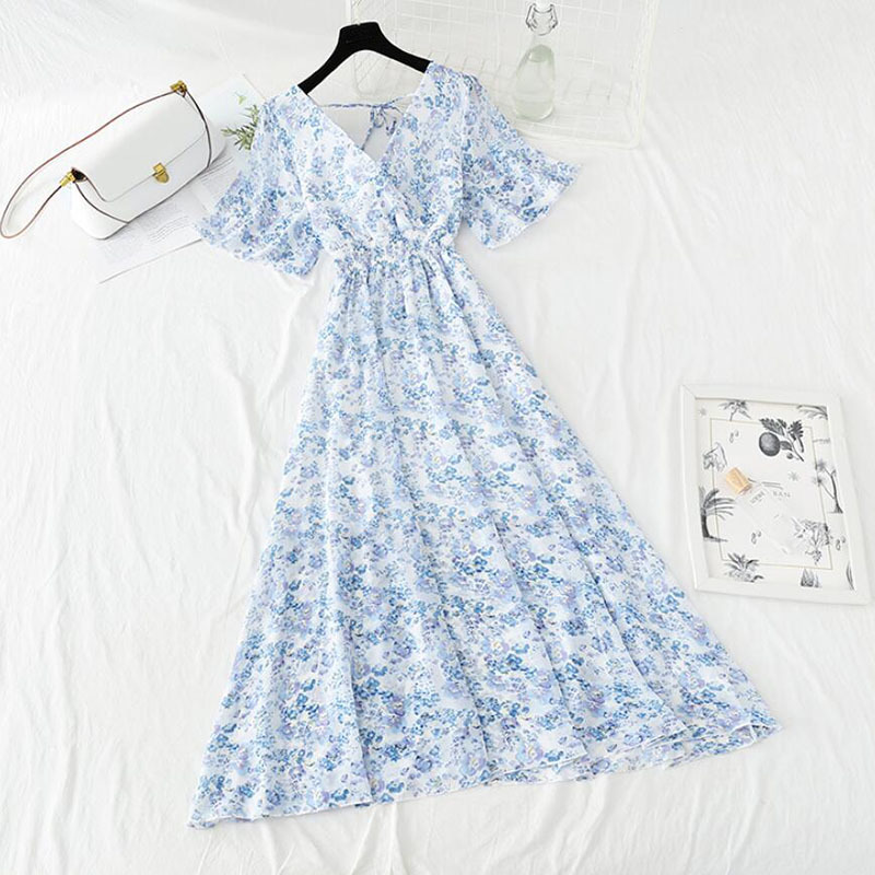 Summer Dress Women's Short sleeve Chiffon Dress V-neck Elastic Waist Floral Print Beach Long Dresses Backless Sexy Vestidos 210521