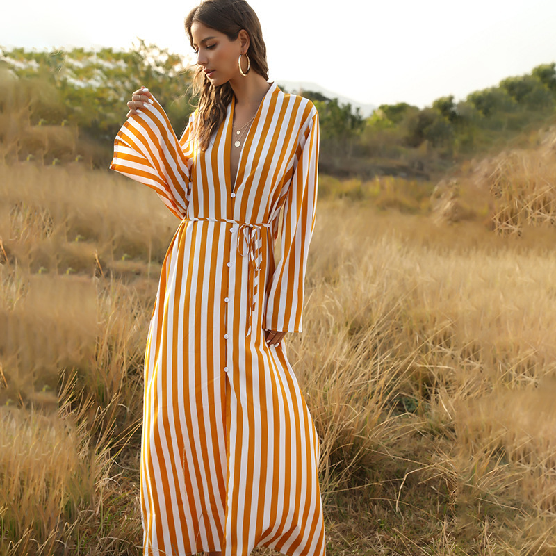 Women Dress Long Sleeve Bandage Striped Dresses Plus Size Shirt Fashion Summer Clothes 210513