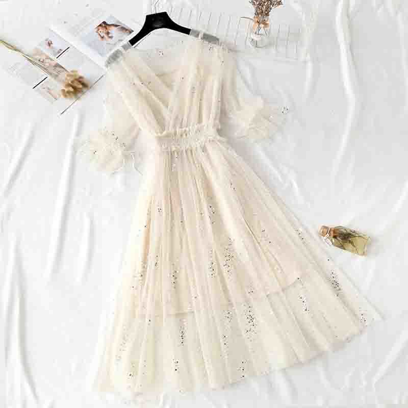 Two Piece Women Dress Summer Sweet Short Sleeve V-neck Mesh Dresses Elastic Waist Ladies Long Party Dress Vestidos 210521