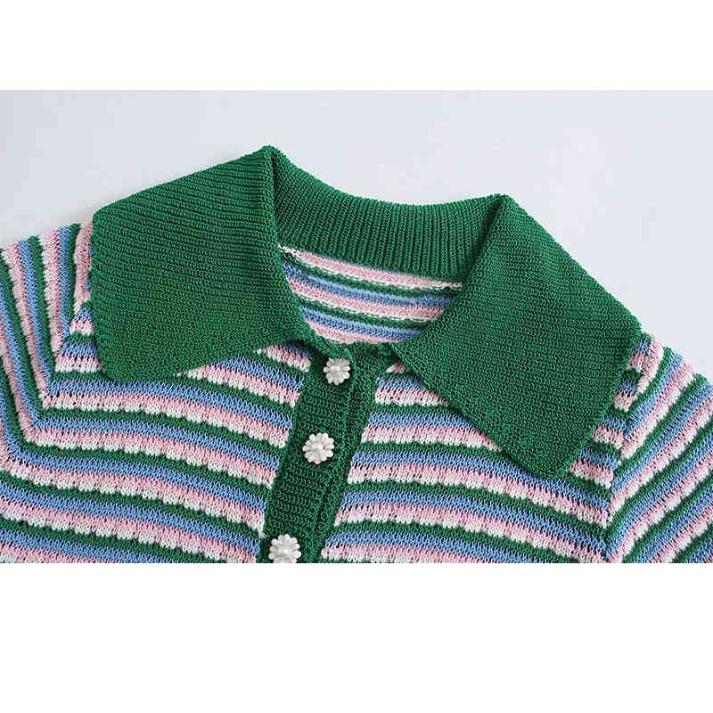 Lucyever Spring Summer Stripe Knitted T-shirt Women Fashion Slim Turndown Collar Woman Shirts Elegant Solid Chic Pullover 210521wtt
