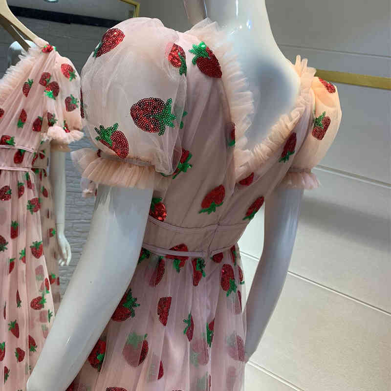 Fashion Long Dresses For Women Elegant Party Wedding Pink Maxi Summer Strawberry Dress Sequin Mesh Lolita High Waist Tunic 210402