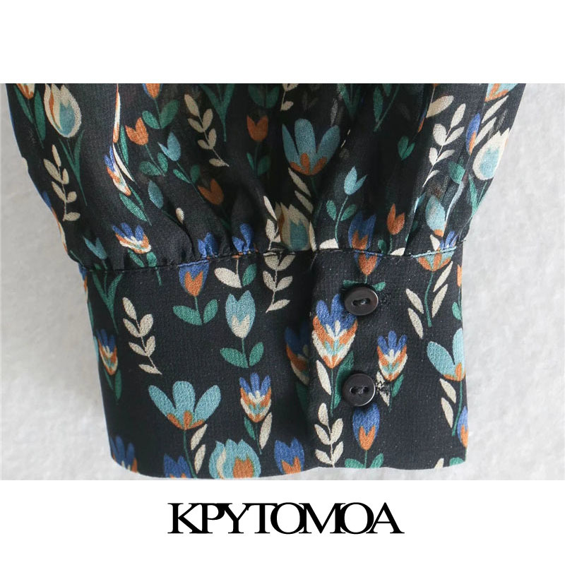 Women Fashion Smocked Floral Print Cropped Blouses Long Sleeve Button-up Female Shirts Blusas Chic Tops 210420