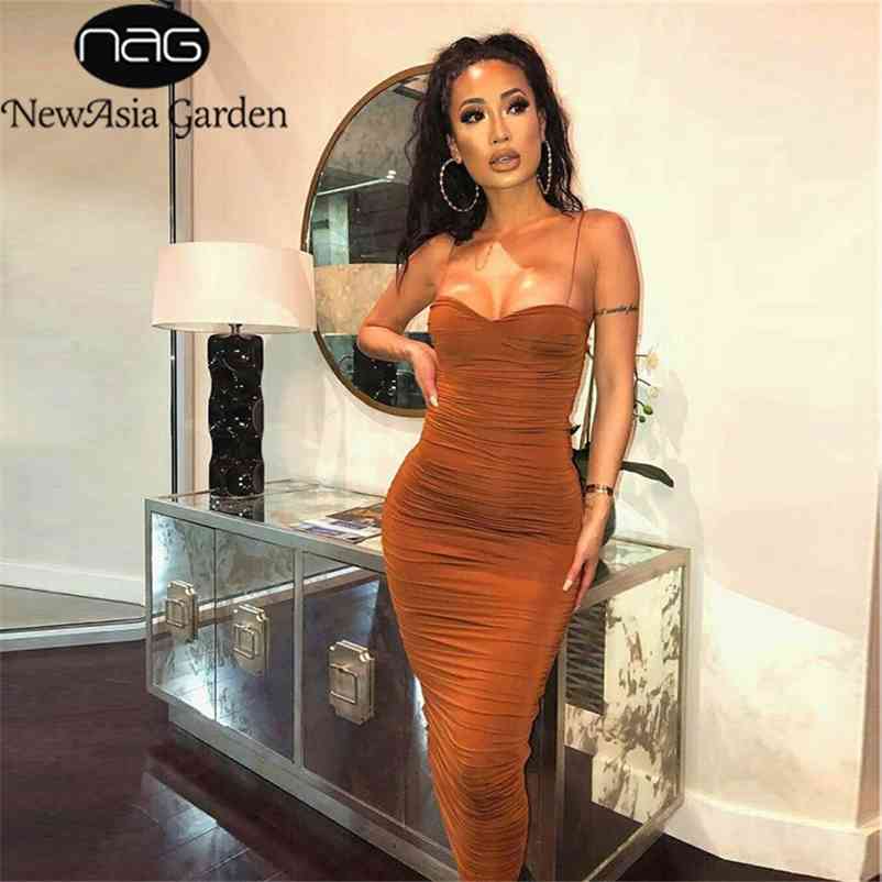 NewAsia 2 Layers Summer Dress Women Pleated Long Dress Sexy Spaghetti Straps Ruched Party Dress Brown Vestidos Robe Femme 210331