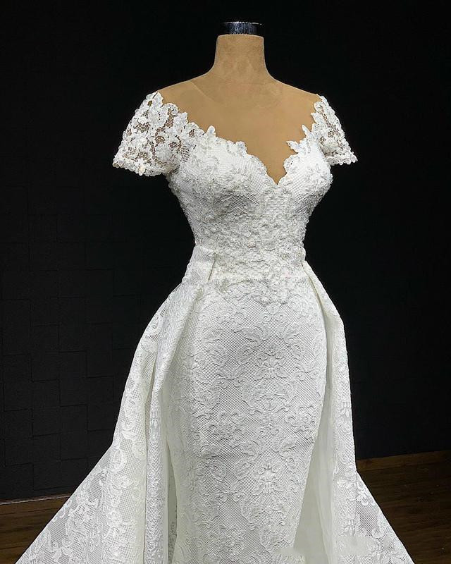 Luxury Lace Applique Wedding Dresses with Detachable Train 2021 Jewel Neck Mermaid Trumpet Princess beach Bridal Gown Robe De Mariée