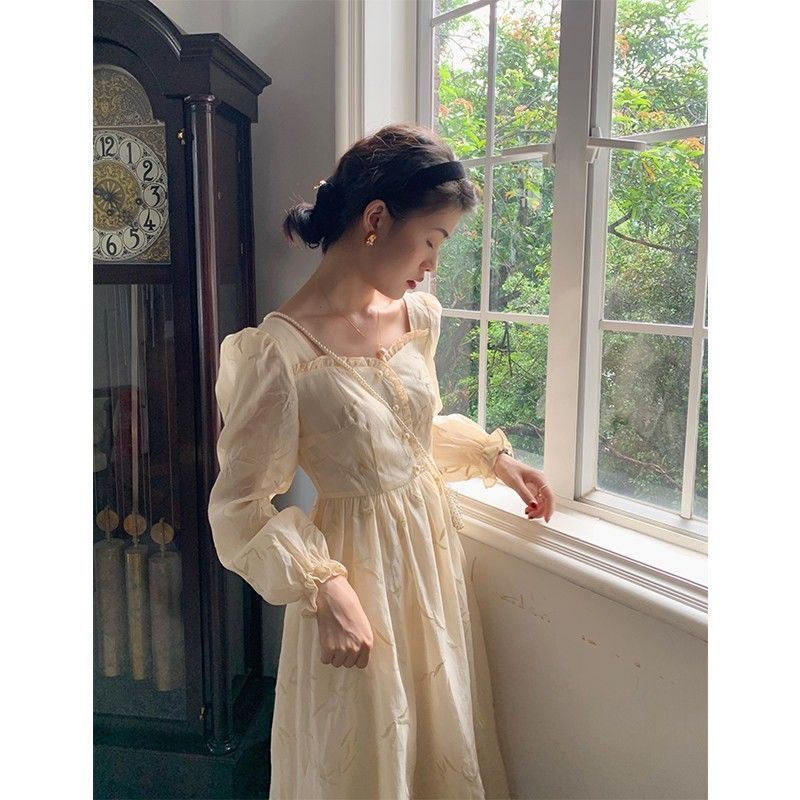 Midi Dress Women French Elegant Vintage Square Collar Long Puff Sleeve Party Chic Retro Dress Korean Autumn Clothing 210521