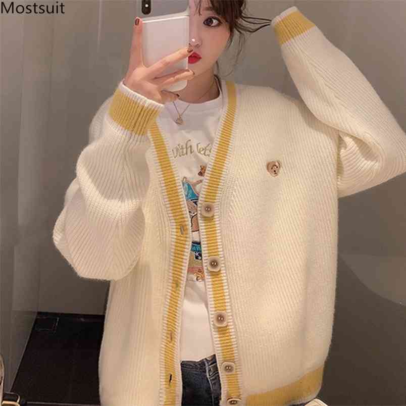 Spring Autumn Elegant Sweaters Tops For Women Yellow Loose Knitted Cardigan Korean Long Sleeve V-neck Buttons Outwear 210513