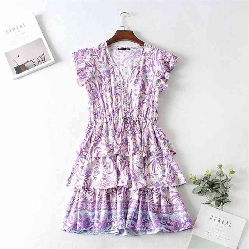 Sweet Women V Neck Draw Back Dress Summer Fashion Ladies Beach Style Cute Female Lotus Sleeve Print Mini 210515