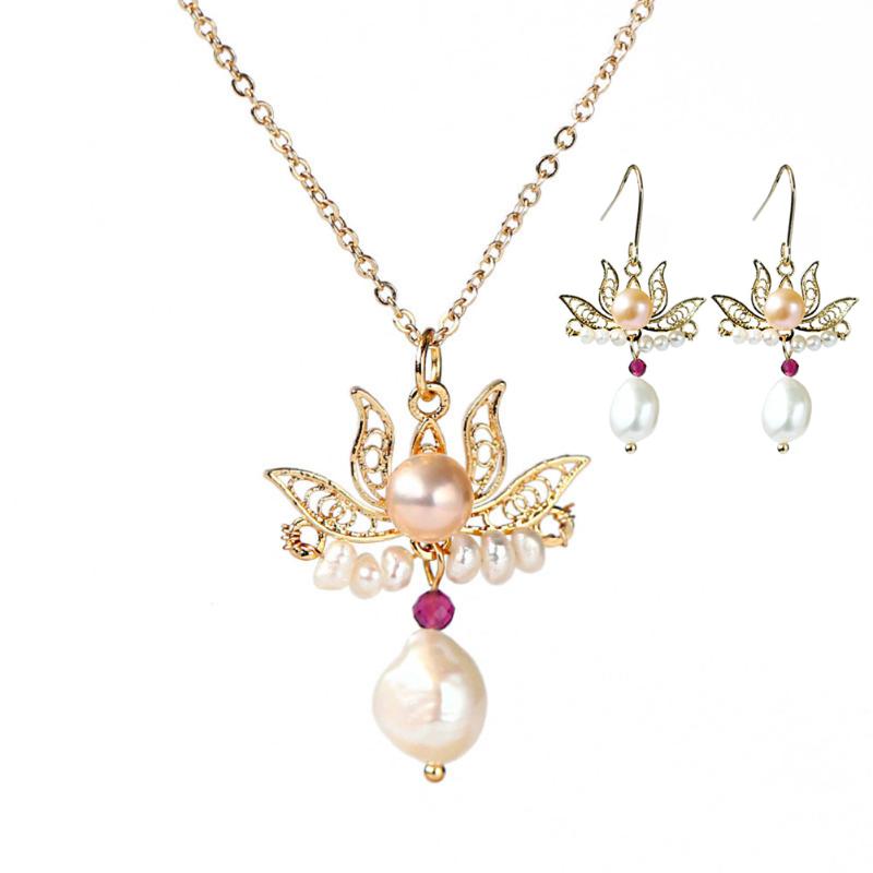 Earrings & Necklace Lotus Pearl Plated 14K Gold And Set Women's Jewelry Sets For Ladies Pendant Drop, Silver