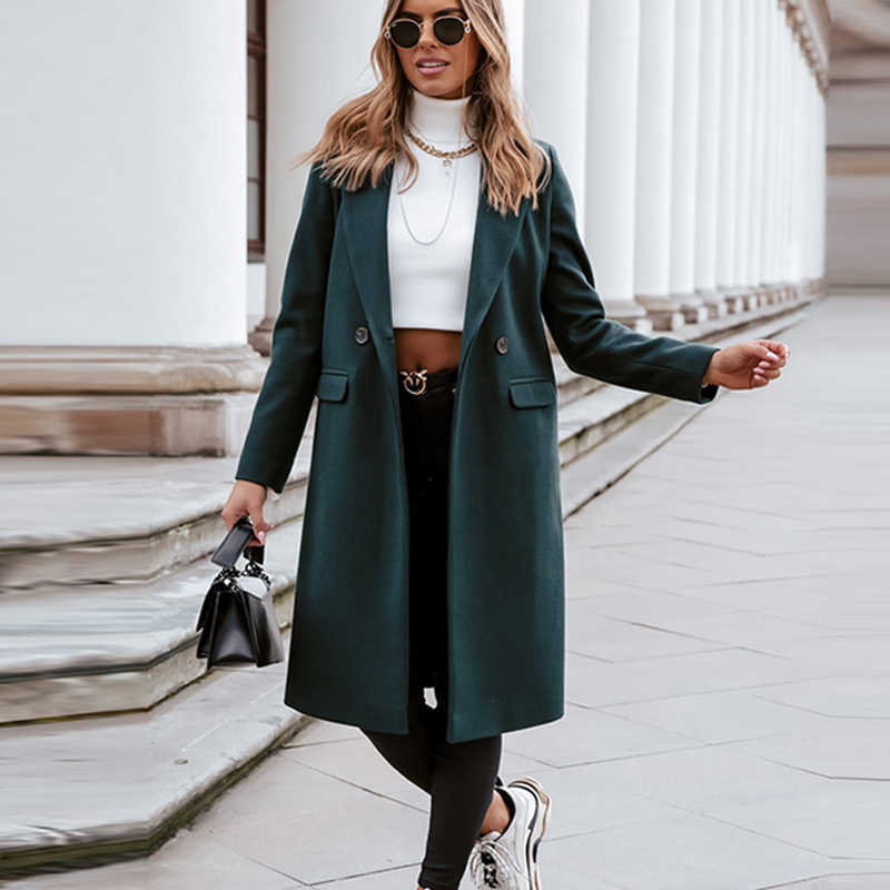 Fashion Elegant Women Long Overcoat Autumn Winter Turn-Down Collar Woolen Coat Tops Office Lady Casual Loose Outwear 210924
