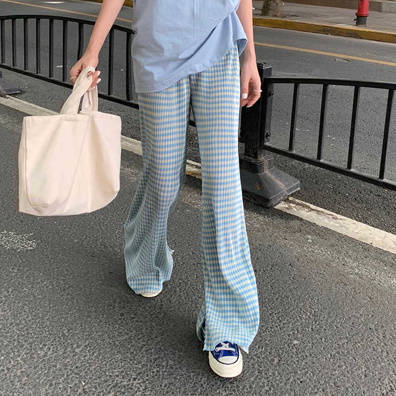 HziriP Blue Plaid Slit High Waist Draping Thin Loose Women Chic Fashion All-Match Straight Pleated Casual Mopping Pants 211115