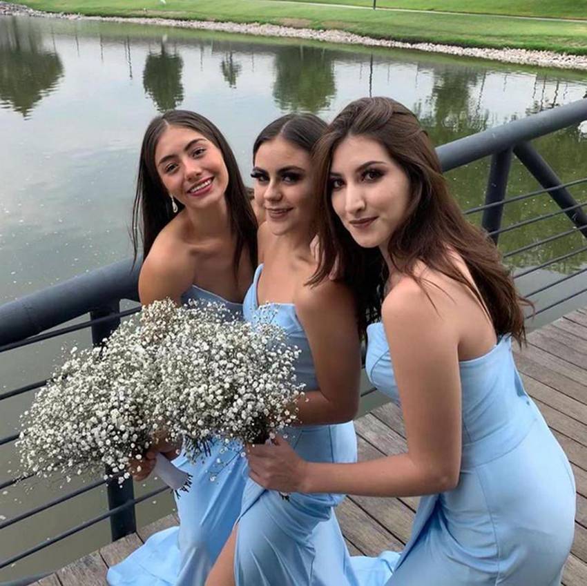 Sky Blue Bridesmaid Dresses Sweetheart Neckline Ruched Pleats Side Slit Sheath Sweep Train Custom Made Plus Size Maid of Honor Dress M101
