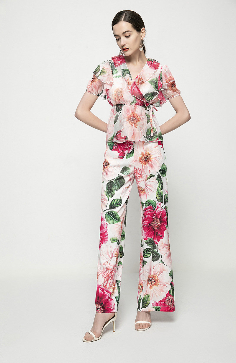 Women's Two Piece Pants Sets Turn Down Collar Short Sleeves Ruffles Blouse Tops with Floral Long Pant Fashion Runway Twinsets