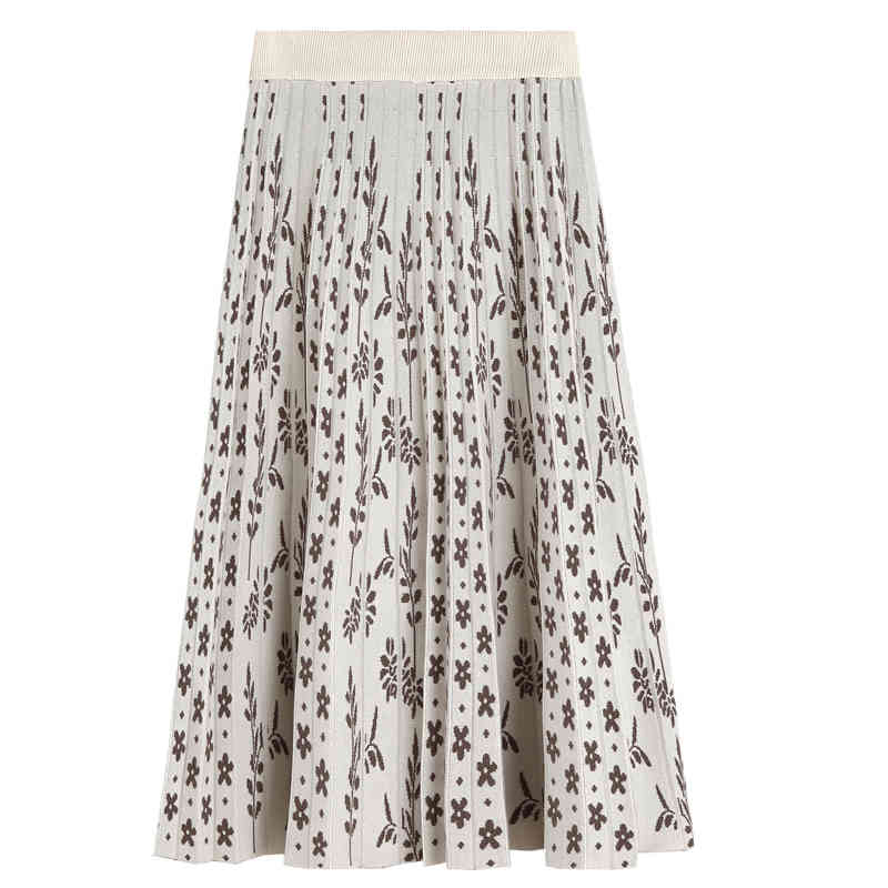 Elegant Pleated Knitted Warm Skirt Women Autumn Winter Korean Printing High Waist Female Ladies Faldas 210520