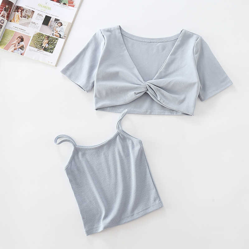 WOMENGAGA summer Korean light blue small fresh gentle elastic cross t-shirt + women's tank tops two piece 3J25 210603