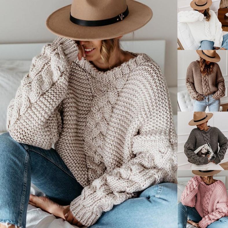 Women's Warm Cable Knit V-Neck Long Sleeve Oversized Sweater Casual Loose Pullover - Beige Acrylic 2024 Autumn Winter B2
