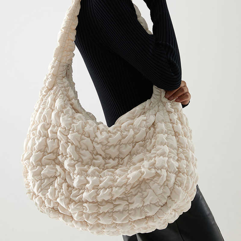Casual Large Capacity Tote Shoulder Bags Designer Ruched Handbag Luxury Nylon Quilted Padded Crossbody Bag Female Big Purse 211026