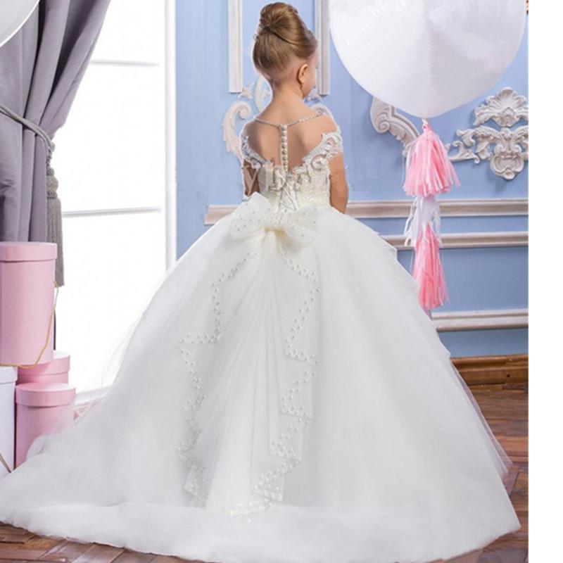 Floor Length White Princess Flower Girls Dresses For Wedding Party Jewel Neck Short Sleeves Appliques Lace Bow Beaded Long Kids Toddler Girl First Com