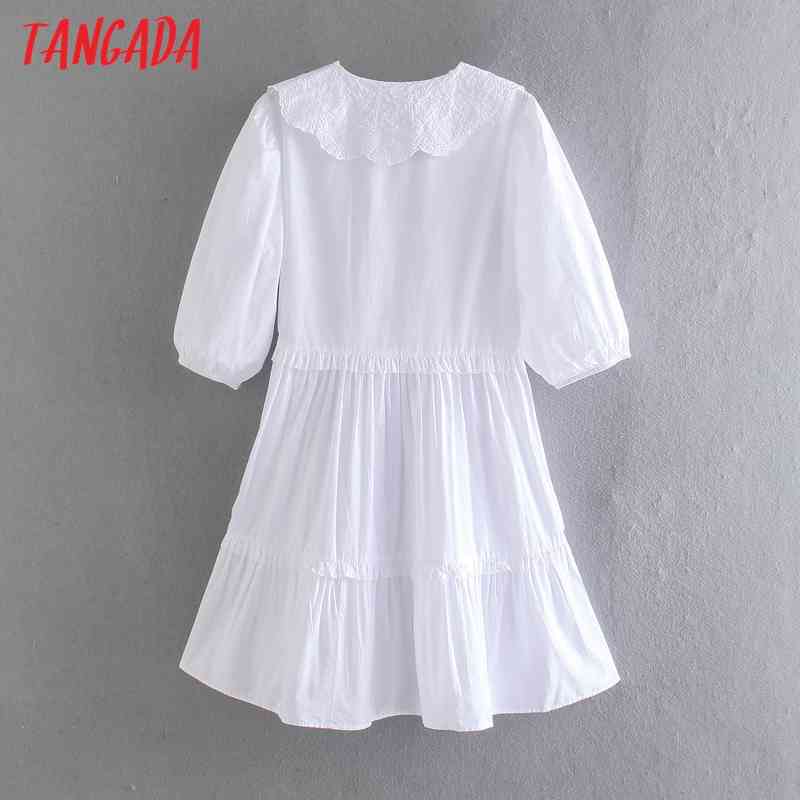 Summer Women White Emboridery Neck Short Sleeve Ladies Mini Dress Vestidos 4N20 210416